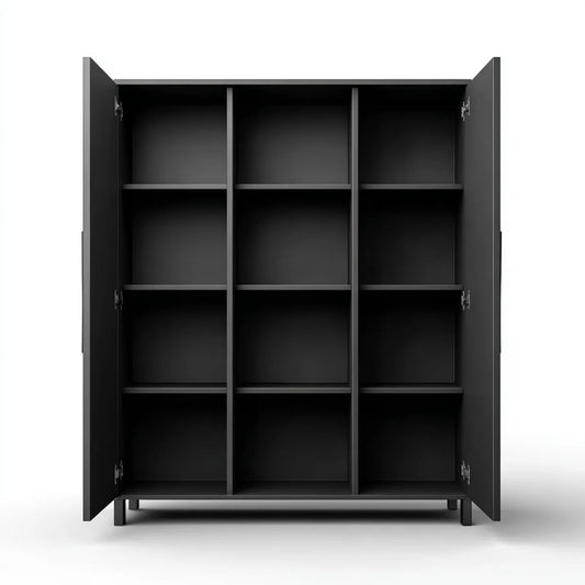 Kleiderschrank Schwarz 180 x 50 x 200 cm aus melaminharzbeschichteter Spanplatte rechteckig mit 3 Türen und 12 Regalfächern
