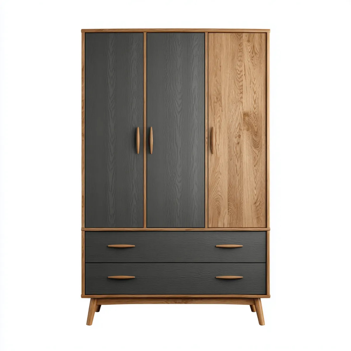 Kleiderschrank mit 3 Türen und 2 Schubladen Schwarz Natur 120 x 55 x 200 cm MDF mit Eichenfurnier rechteckig